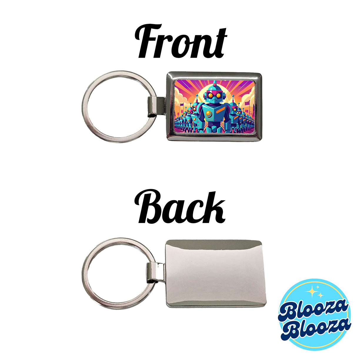 Vibrant Colored Sci-fi Robot Army Marching Rectangle Metal Keychain
