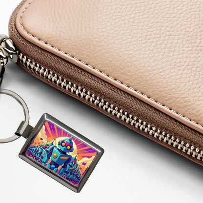 Vibrant Colored Sci-fi Robot Army Marching Rectangle Metal Keychain