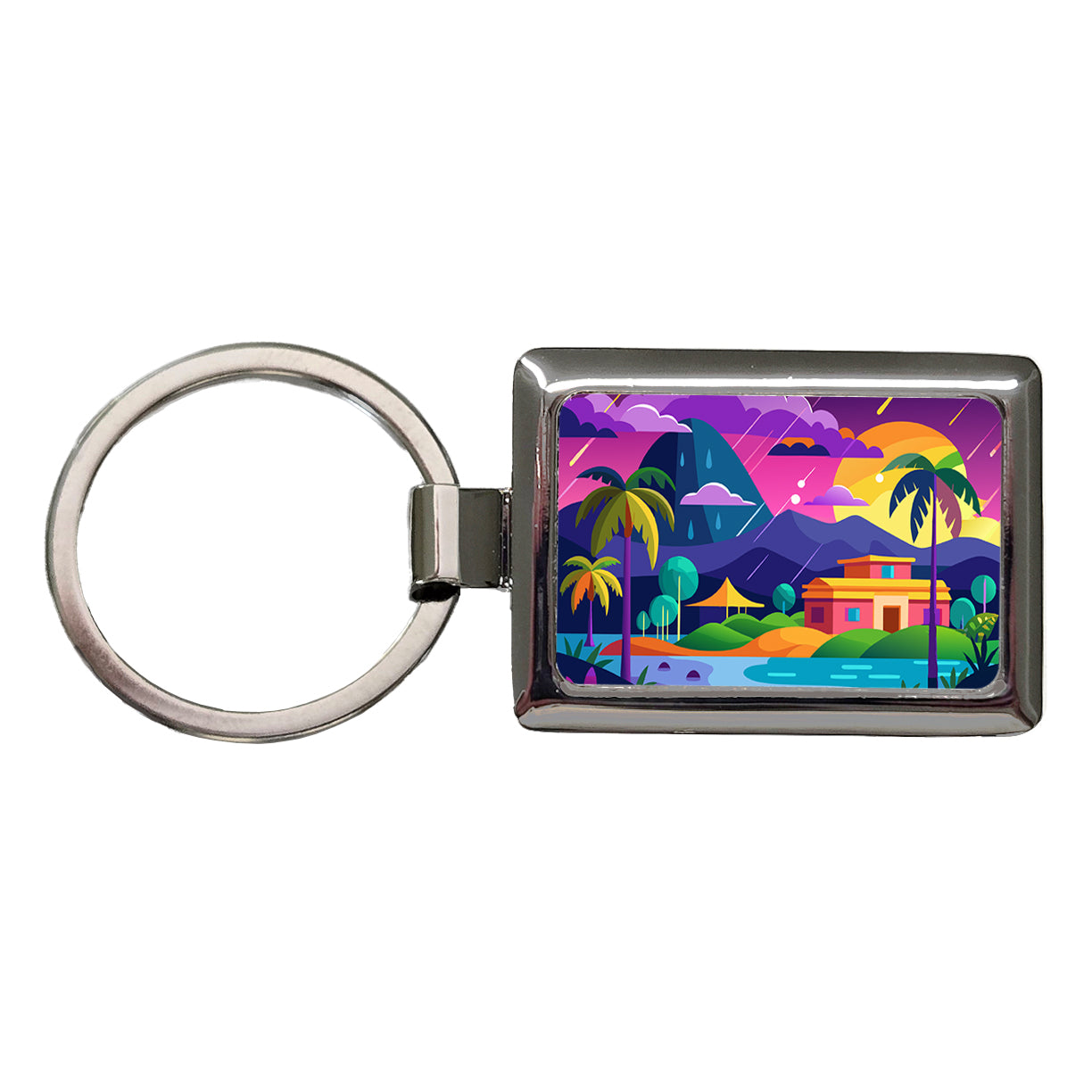 Vibrant Colored Tropical Monsoon Raining Landscape Rectangle Metal Keychain