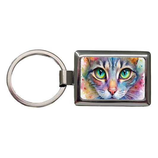 Watercolor Tabby Cat Rectangle Metal Keychain
