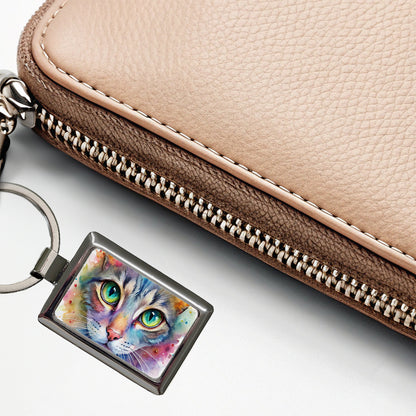 Watercolor Tabby Cat Rectangle Metal Keychain