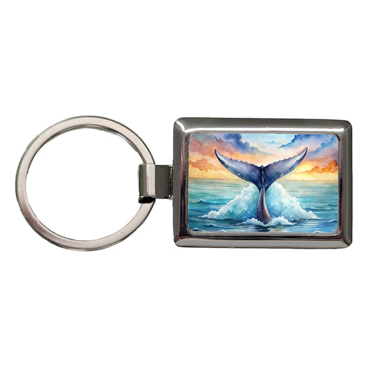 Whale Tail Ocean Watercolor Rectangle Metal Keychain
