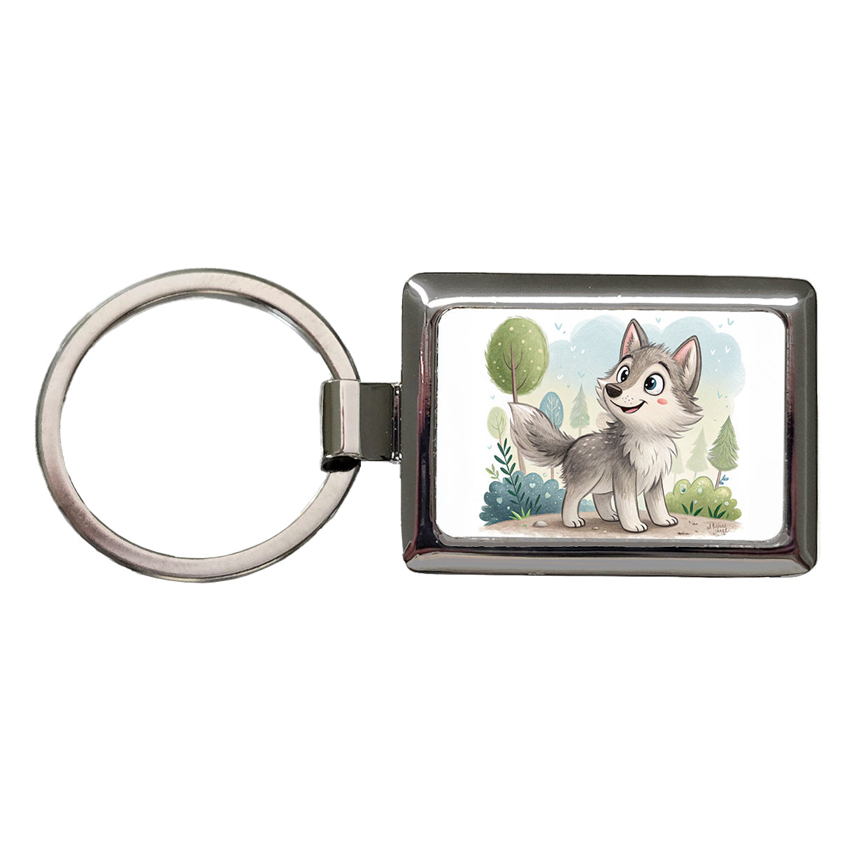 Wolf Children's Illustration Style Rectangle Metal Keychain