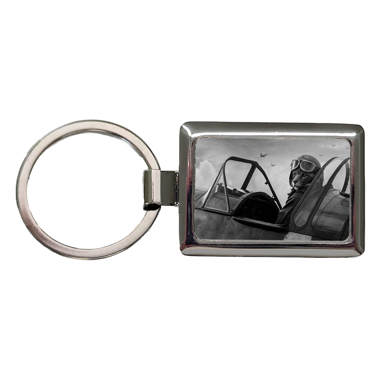 WWII Cat Fighter Plane Pilot Ace Retro Alternative Universe Rectangle Metal Keychain