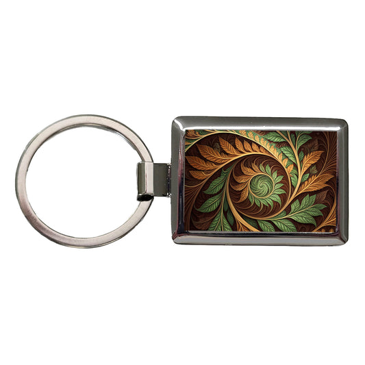 Abstract Brown Green Leaves Swirl Rectangle Metal Keychain