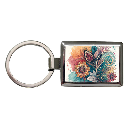 Abstract Deco Floral Leaves Swirl Design Rectangle Metal Keychain