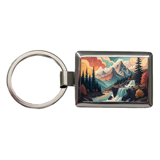 Abstract Mountains Waterfalls Landscape Rectangle Metal Keychain
