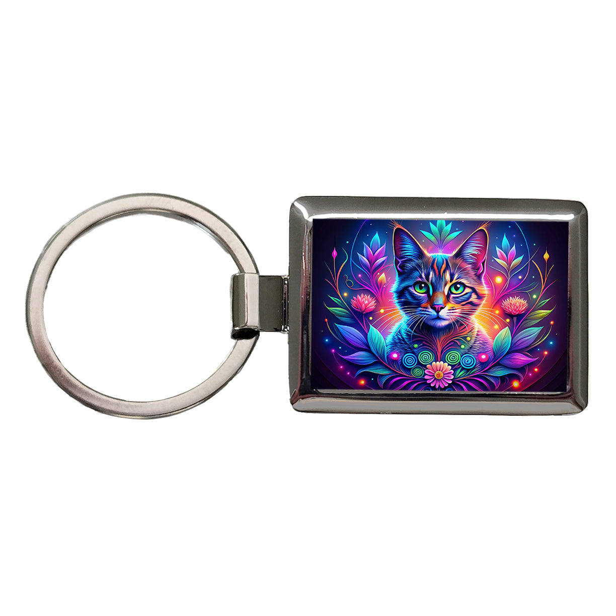 Abstract Neon Cat And Floral Design Rectangle Metal Keychain