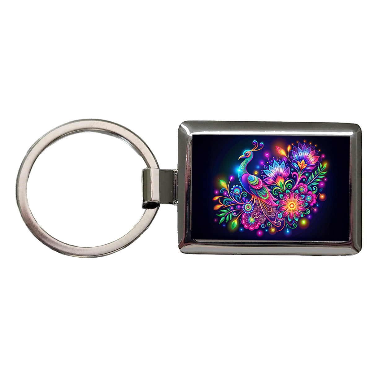 Abstract Neon Peacock Floral Design Rectangle Metal Keychain