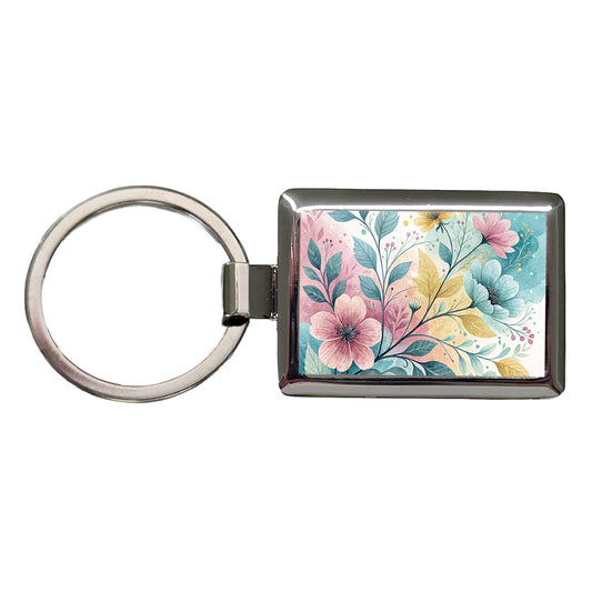 Abstract Pastel Flowers Leaves Design Rectangle Metal Keychain