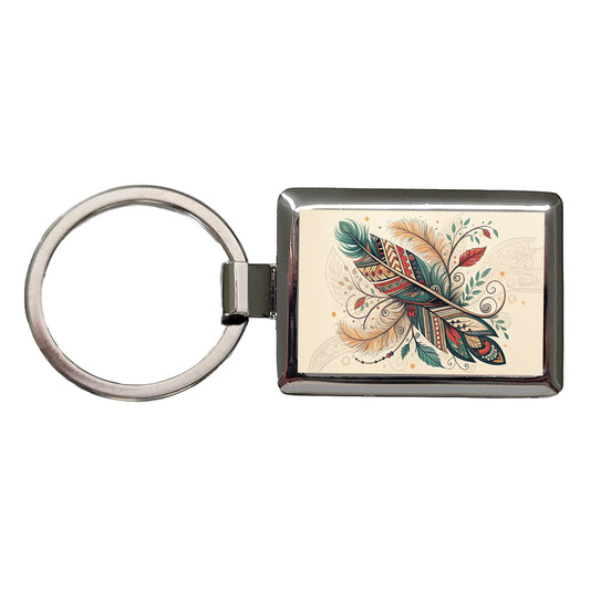 Abstract Southwestern Feather Leaf Design Rectangle Metal Keychain