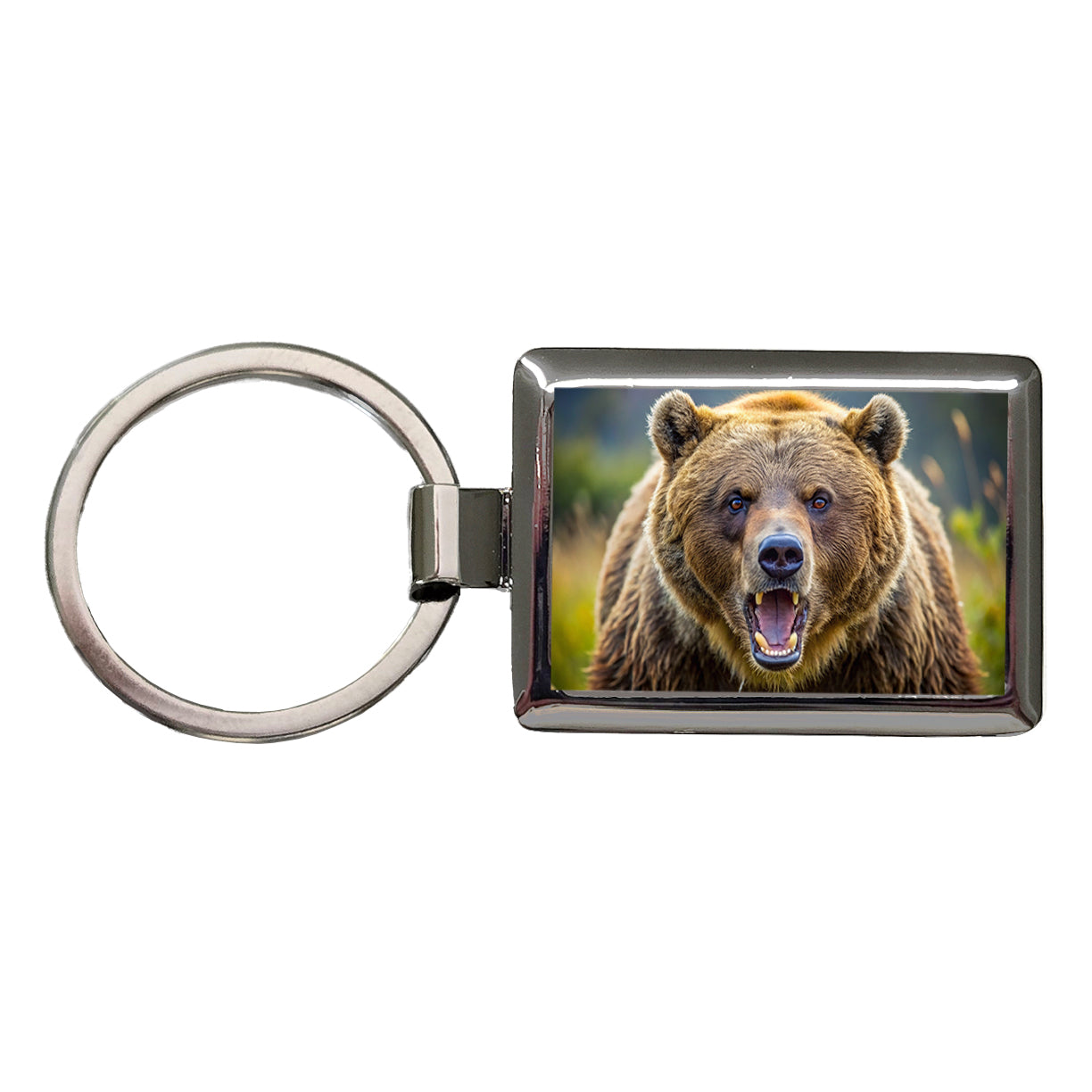 Angry Grizzly Bear Charging Rectangle Metal Keychain