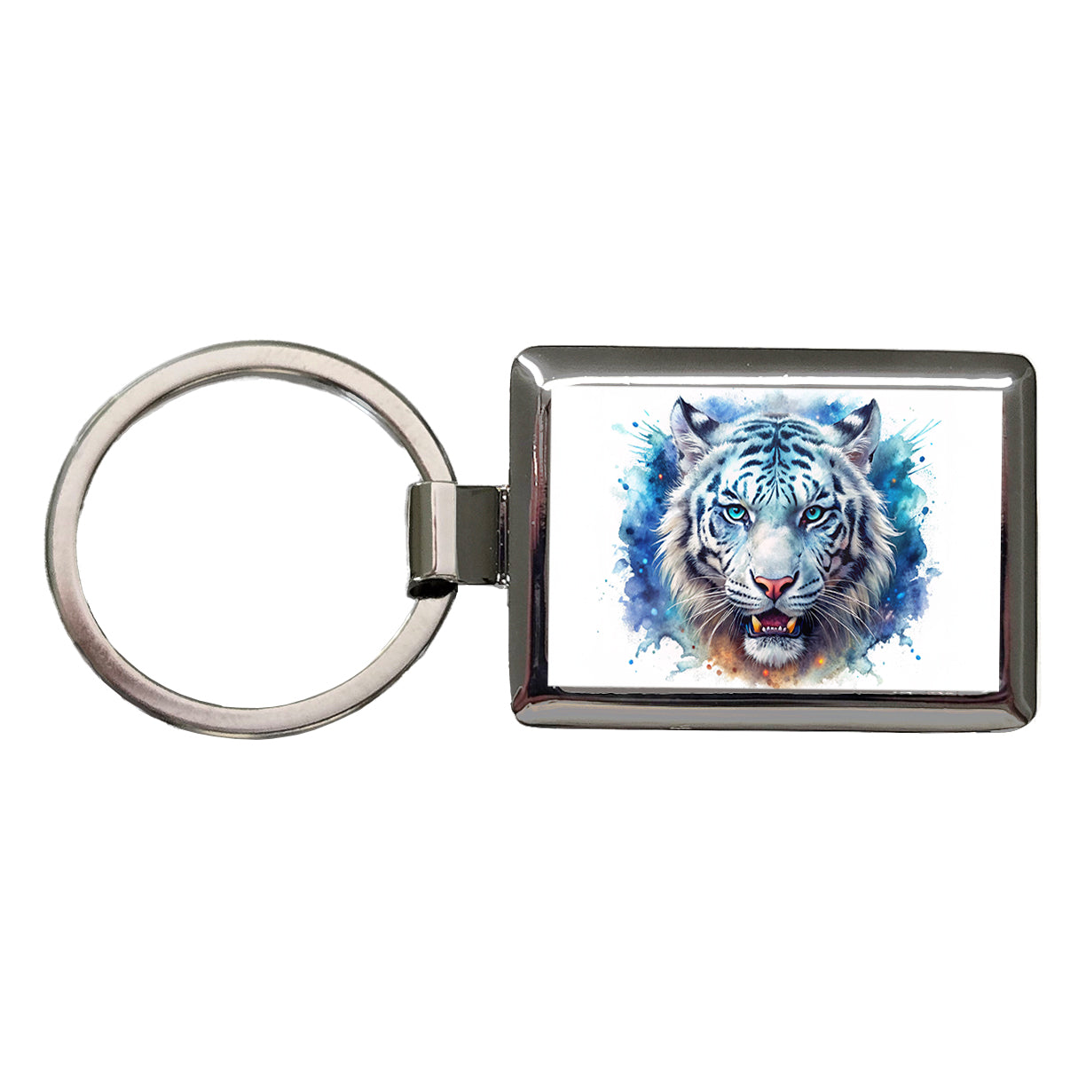 Angry White Tiger Watercolor Rectangle Metal Keychain