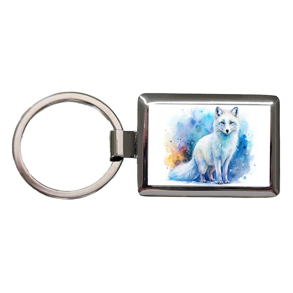 Arctic Fox Watercolor Rectangle Metal Keychain