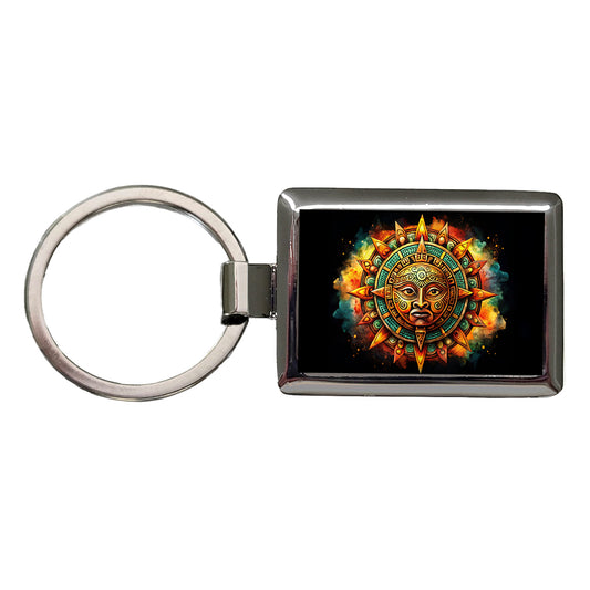 Aztec Sun God Symbol Watercolor Rectangle Metal Keychain
