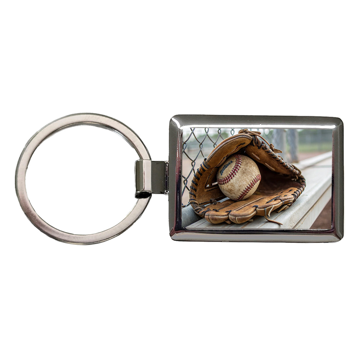 Baseball Glove With Baseball on Dugout Bench Rectangle Metal Keychain