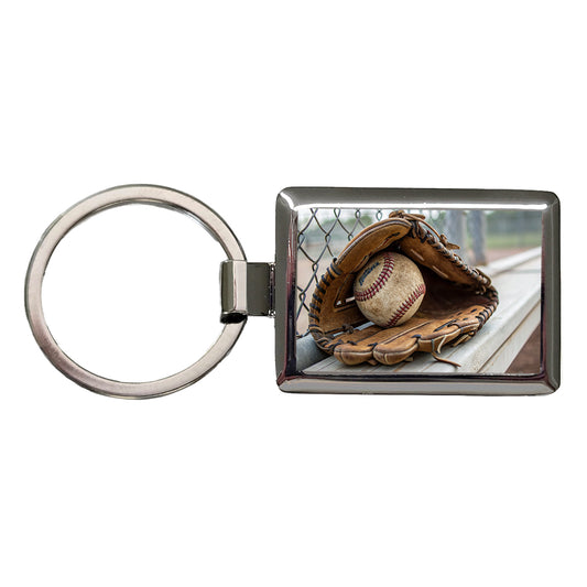 Baseball Glove With Baseball on Dugout Bench Rectangle Metal Keychain