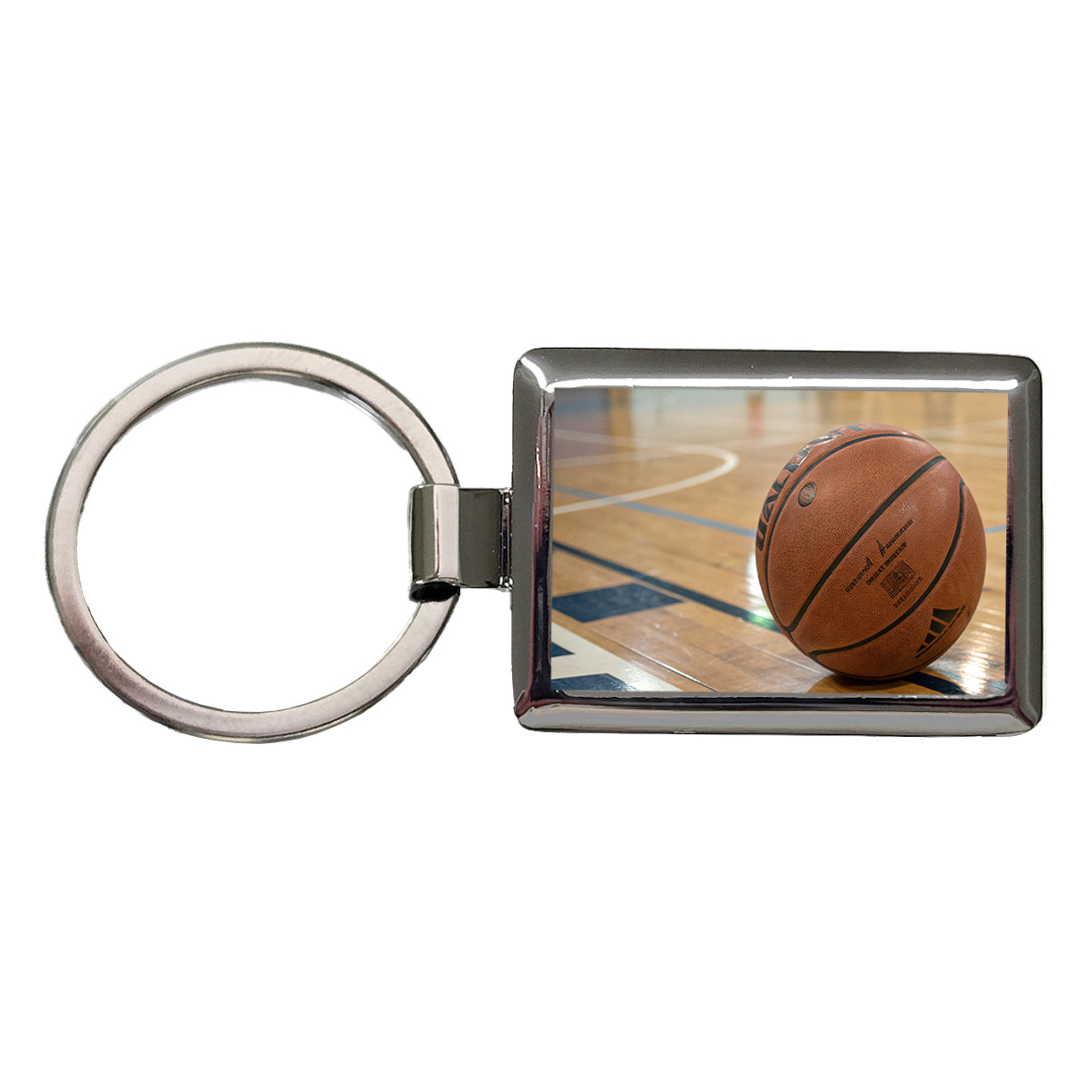 Basketball on Court Rectangle Metal Keychain
