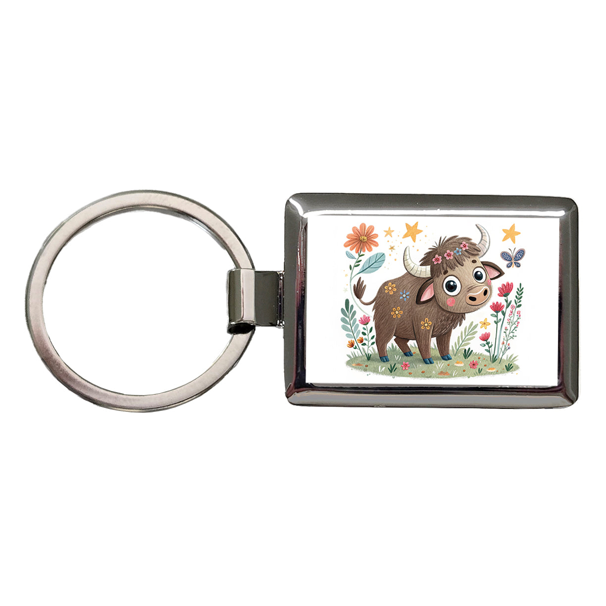 Bison Buffalo Children's Illustration Style Rectangle Metal Keychain