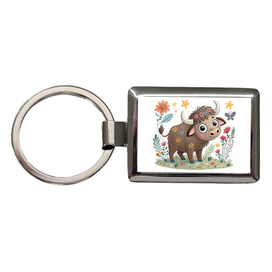 Bison Buffalo Children's Illustration Style Rectangle Metal Keychain