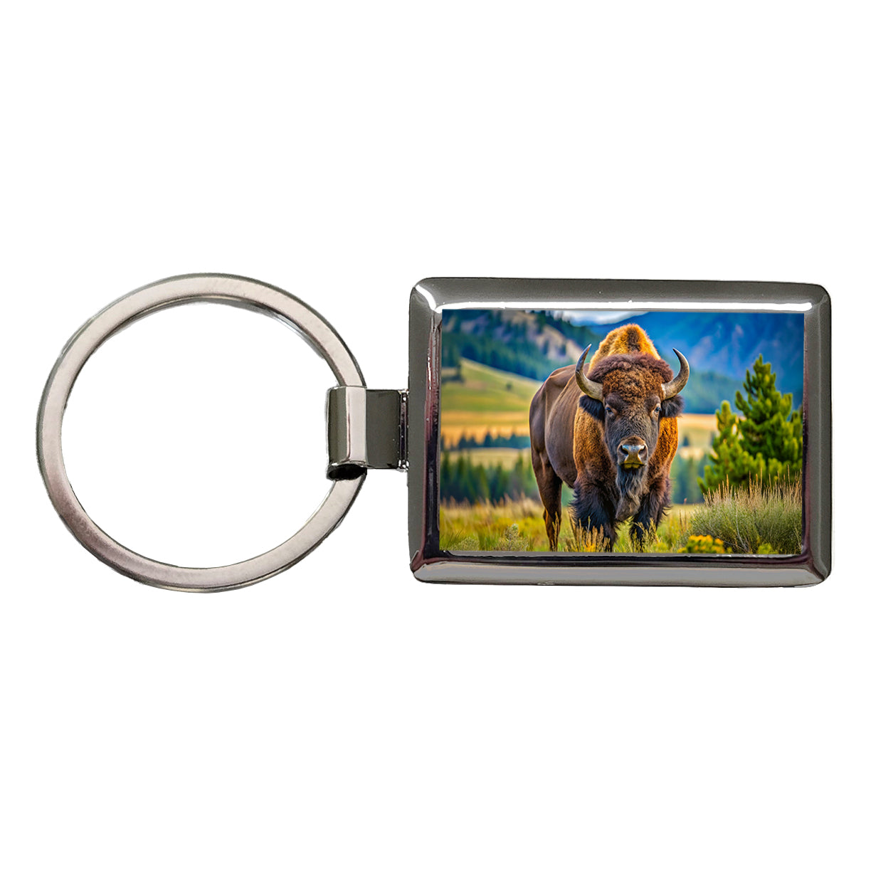 Bison Buffalo Rectangle Metal Keychain
