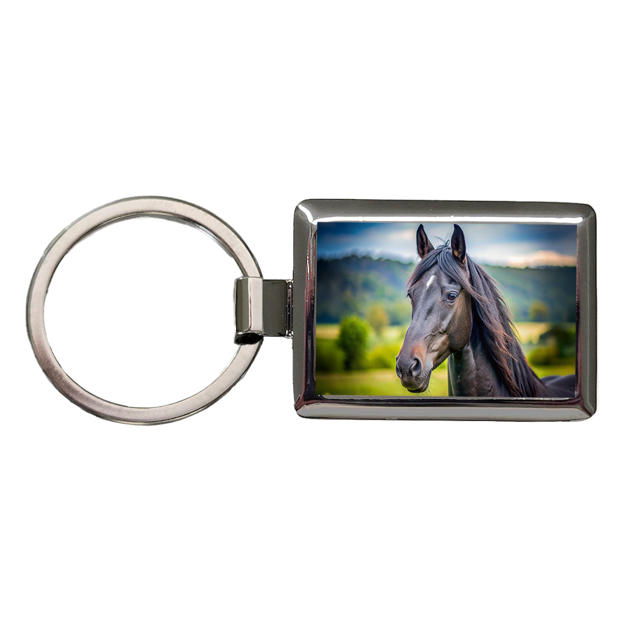 Black Horse Face Rectangle Metal Keychain