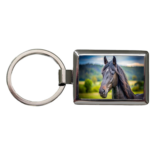 Black Horse Face Rectangle Metal Keychain