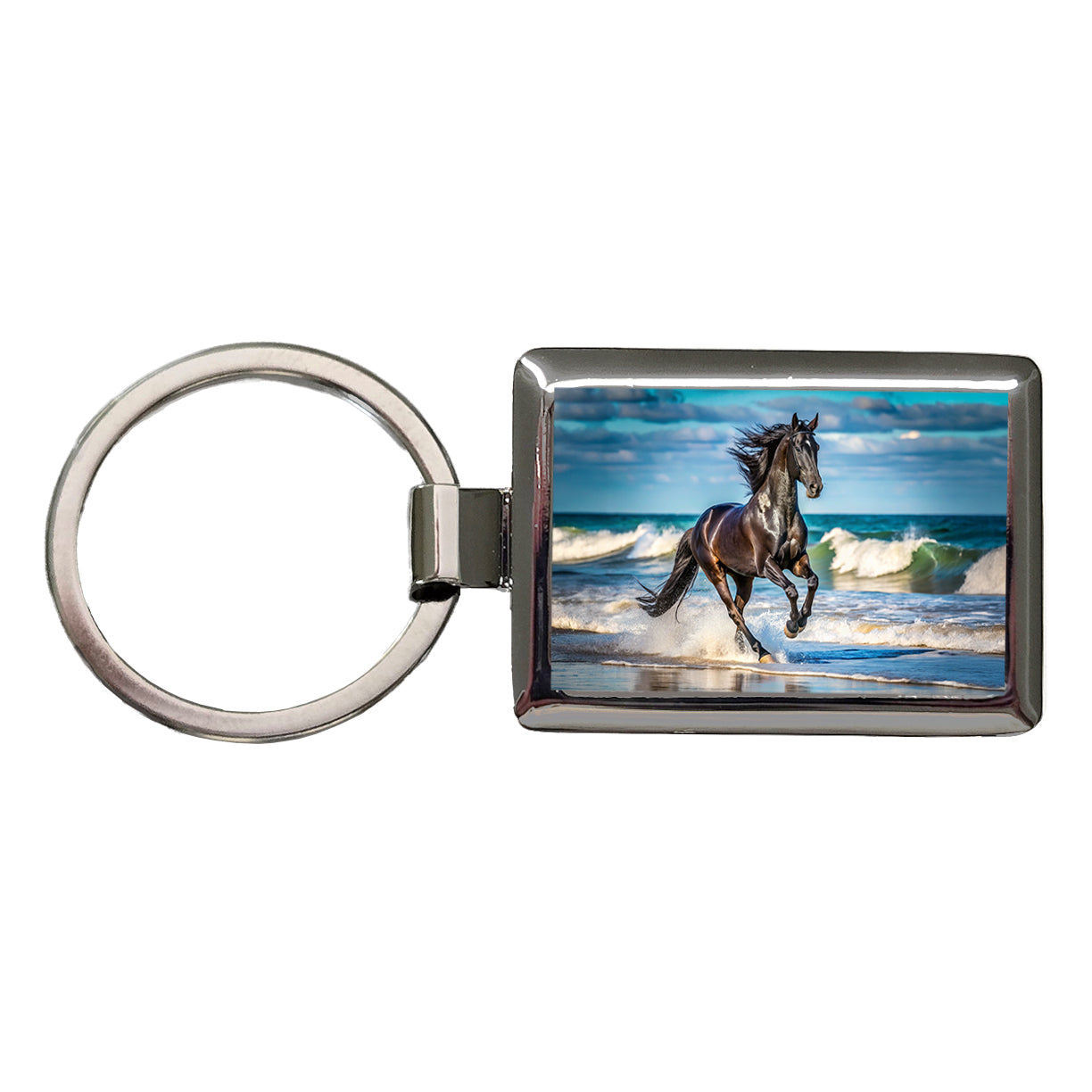 Black Horse Stallion Galloping On The Beach Rectangle Metal Keychain