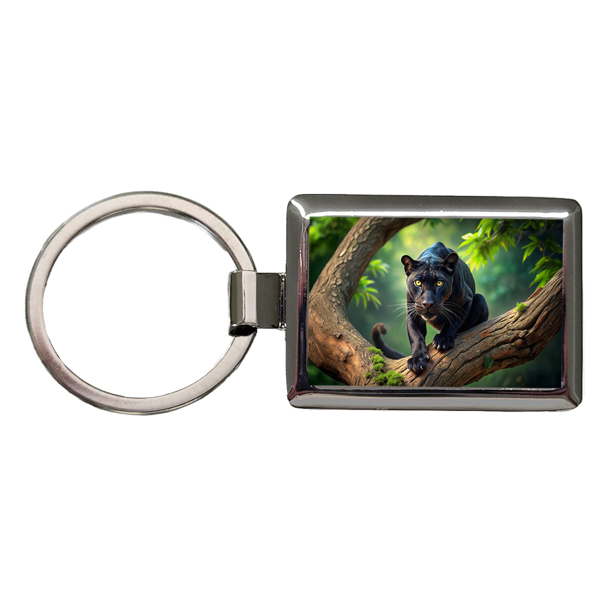 Black Panther on Branch Rectangle Metal Keychain