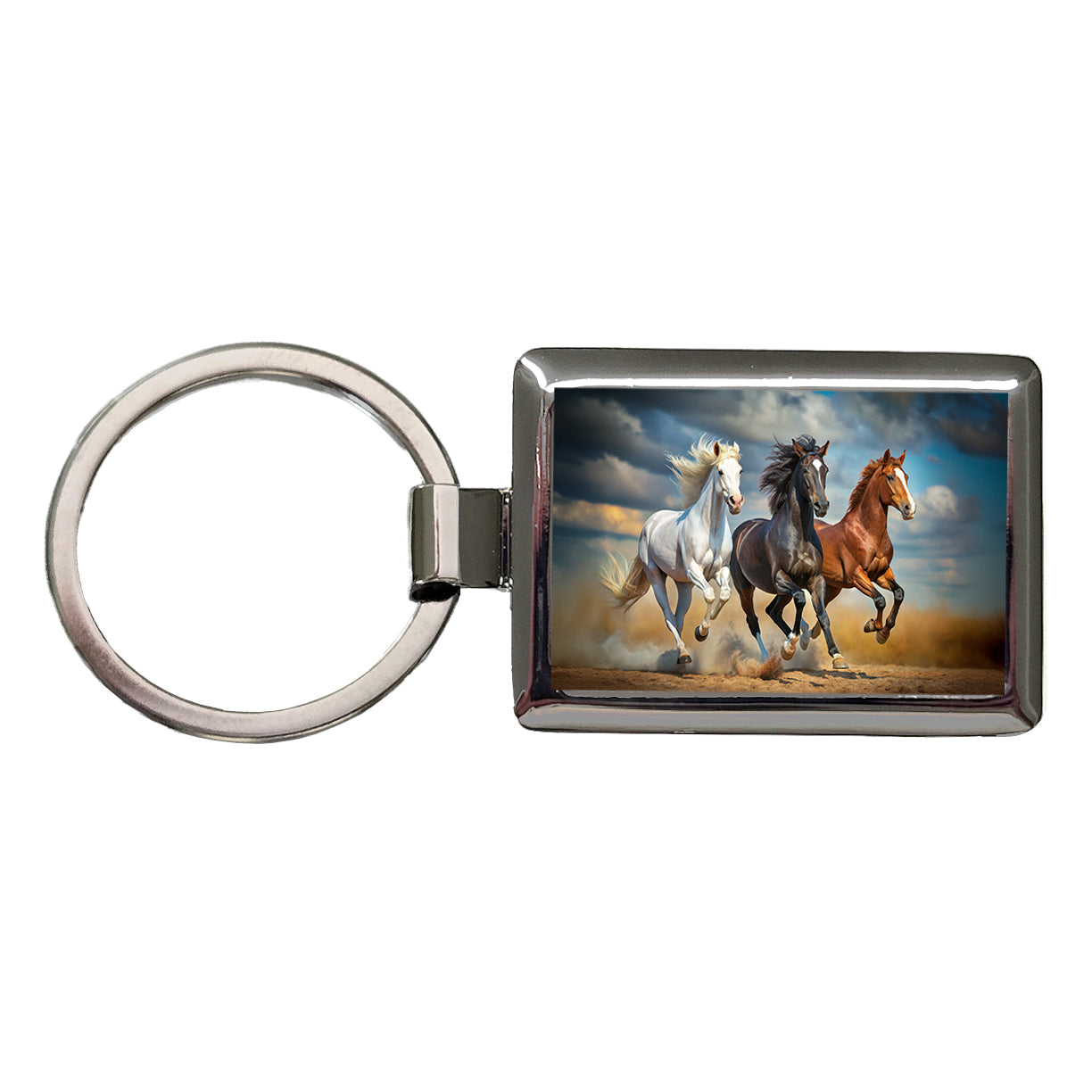Black White and Brown Horses Galloping Rectangle Metal Keychain