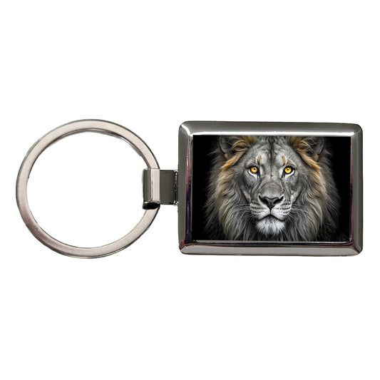 Black White Lion's Face with Gold Eyes Rectangle Metal Keychain