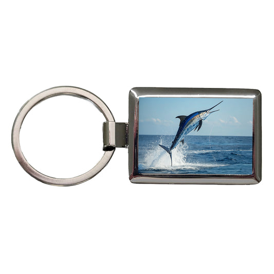 Blue Marlin Fish Leaping Out Of Water Rectangle Metal Keychain