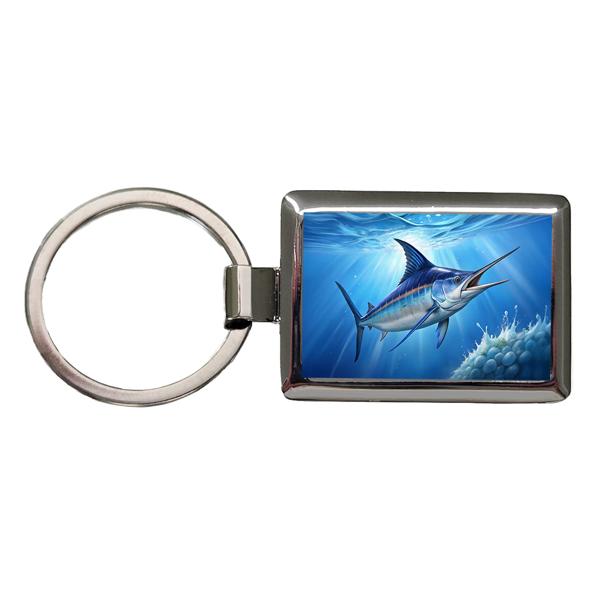 Blue Marlin Fish Rectangle Metal Keychain