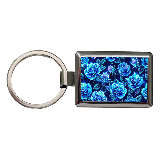 Blue Neon Rose Floral Pattern Rectangle Metal Keychain