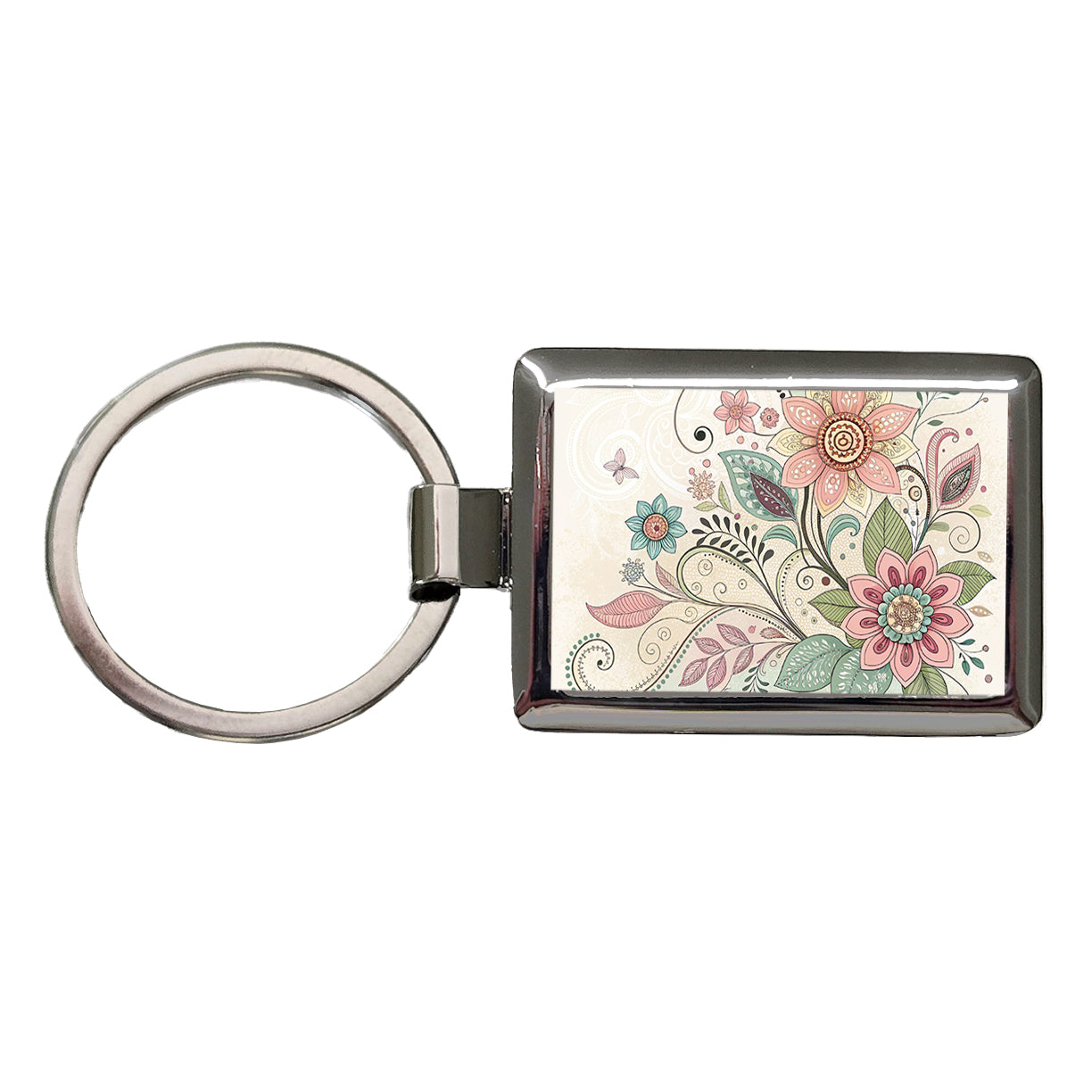 Boho Floral Flowers Leaves Rectangle Metal Keychain