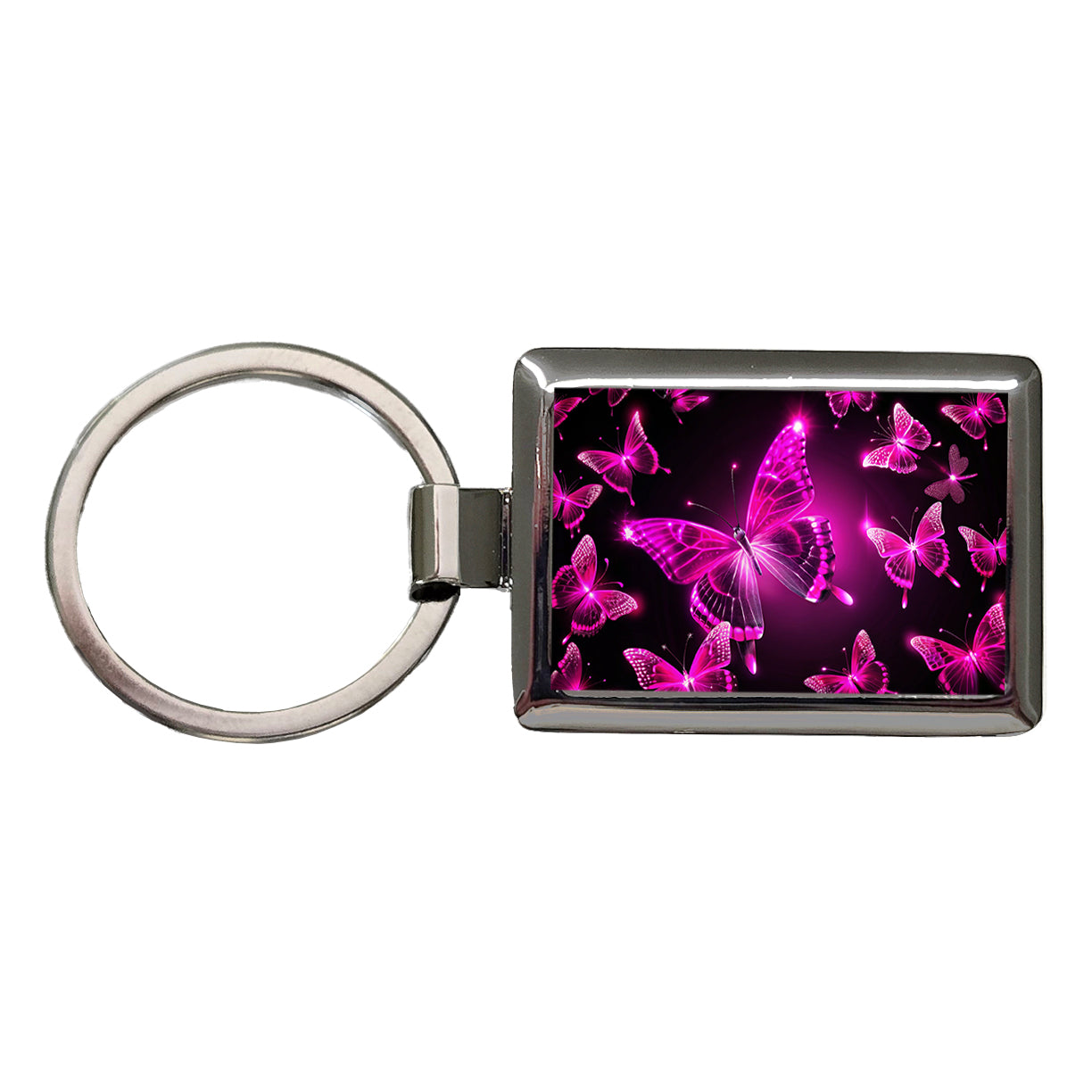 Bright Neon Pink Butterflies Rectangle Metal Keychain