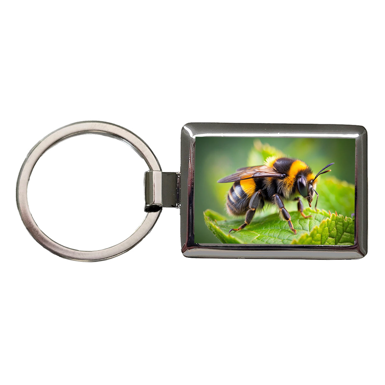 Bumblebee Bee on Leaf Rectangle Metal Keychain