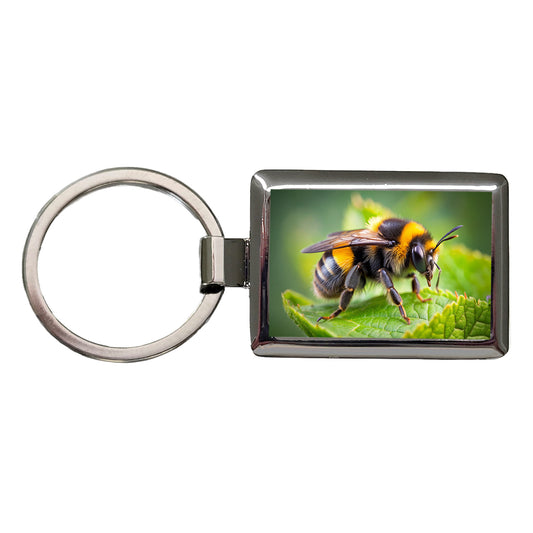 Bumblebee Bee on Leaf Rectangle Metal Keychain
