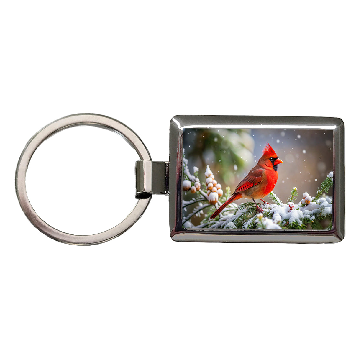 Cardinal In Winter Backyard Bird Rectangle Metal Keychain