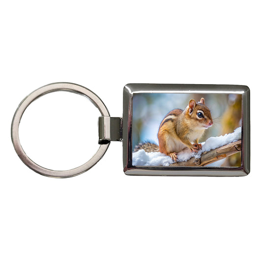 Chipmunk On Branch In Winter Rectangle Metal Keychain