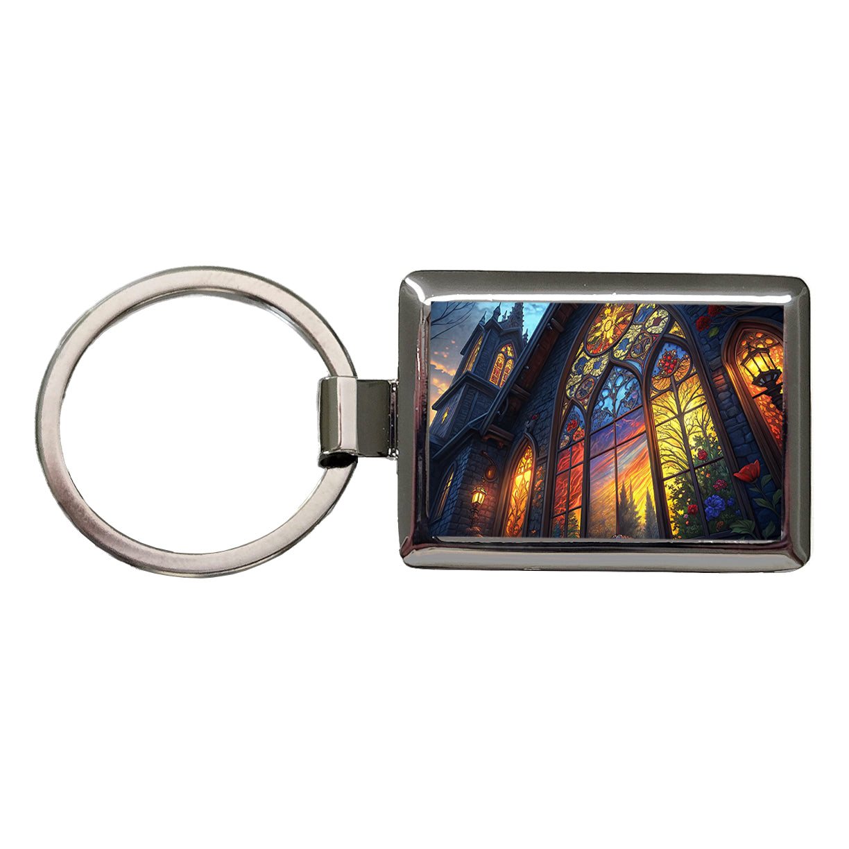 Church Stained Glass Windows at Night Rectangle Metal Keychain