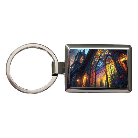 Church Stained Glass Windows at Night Rectangle Metal Keychain