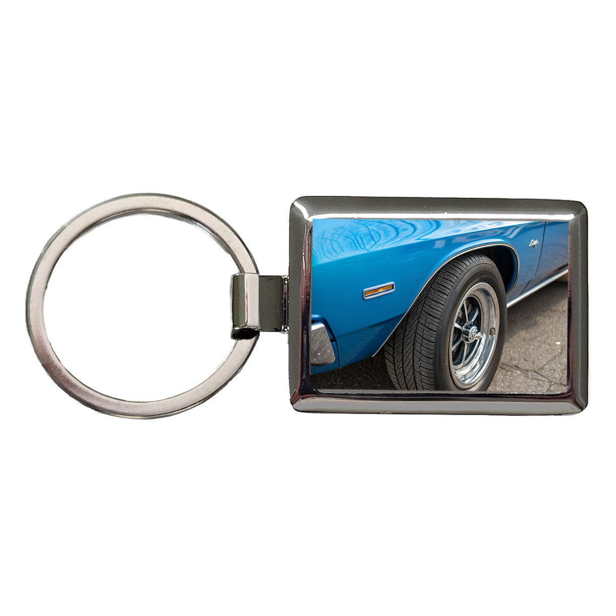Classic Blue Muscle Car Rectangle Metal Keychain