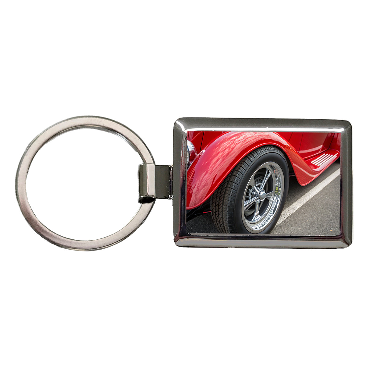 Classic Red Hot Rod Car Rectangle Metal Keychain
