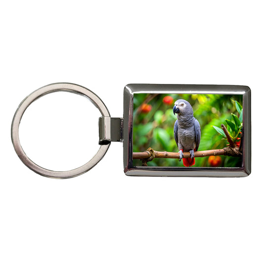 Congo African Grey Parrot Bird On Branch Rectangle Metal Keychain
