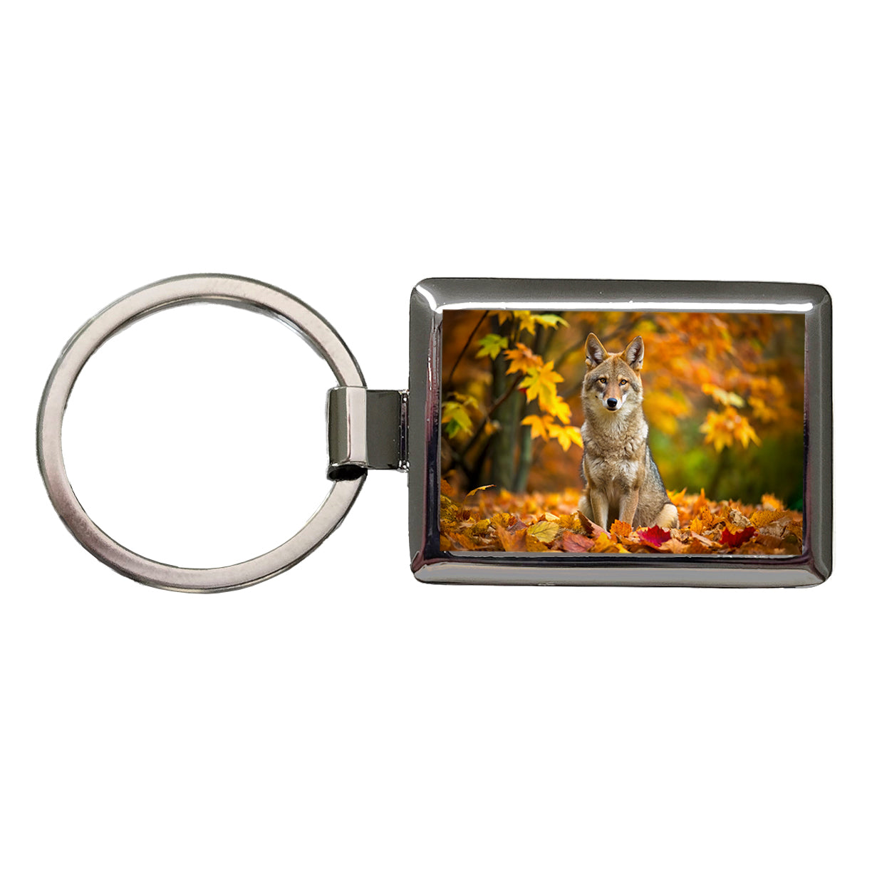 Coyote Sitting In The Fall Leaves Rectangle Metal Keychain