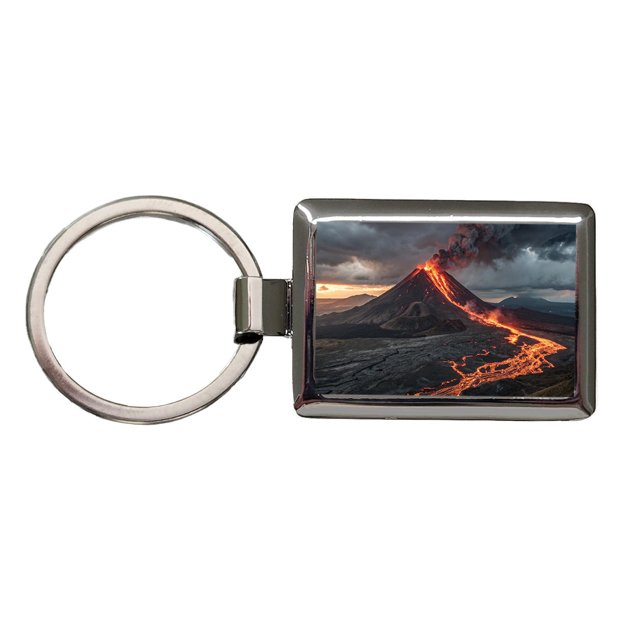 Erupting Volcano With Flowing Lava Rectangle Metal Keychain