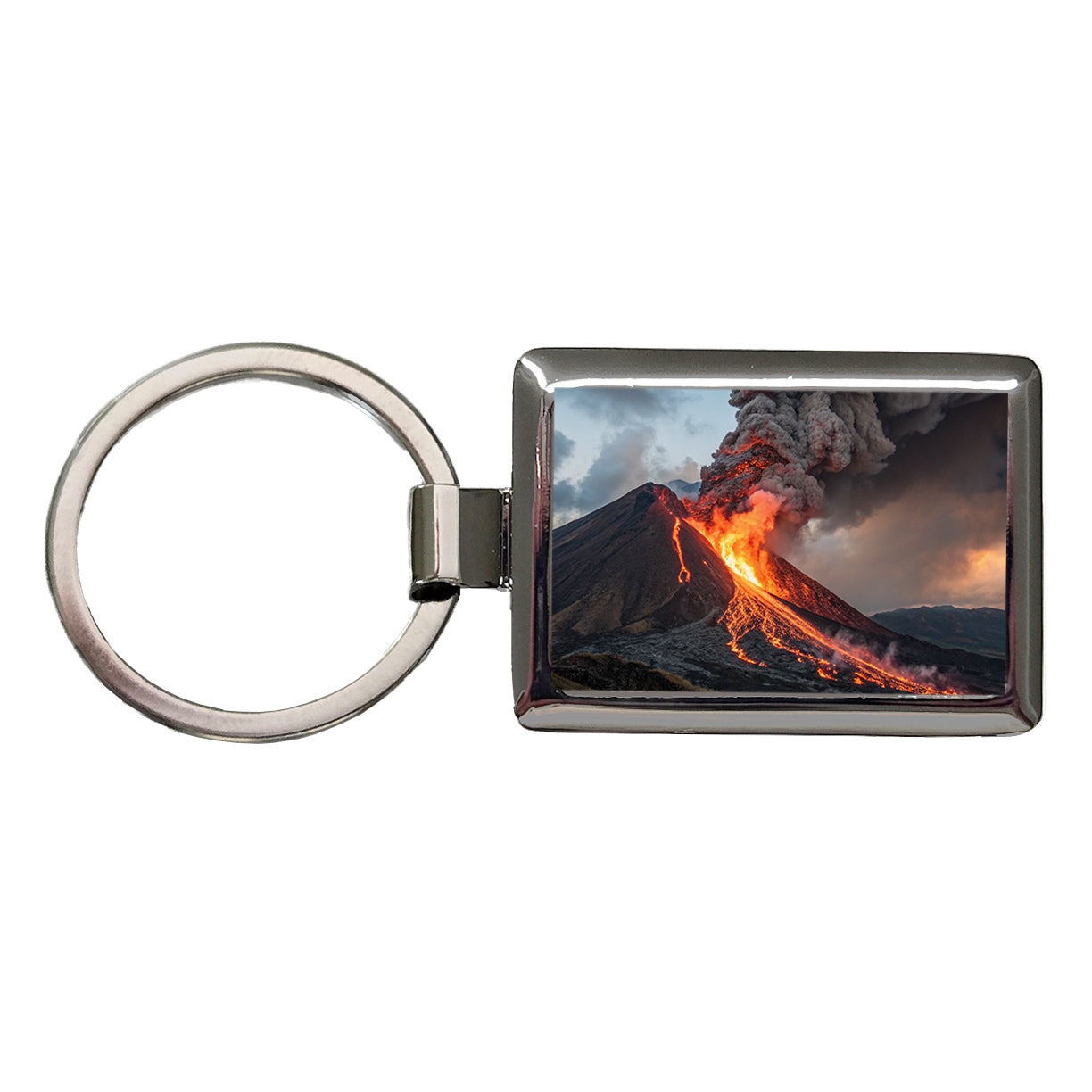 Erupting Volcano with Lava Trails Rectangle Metal Keychain