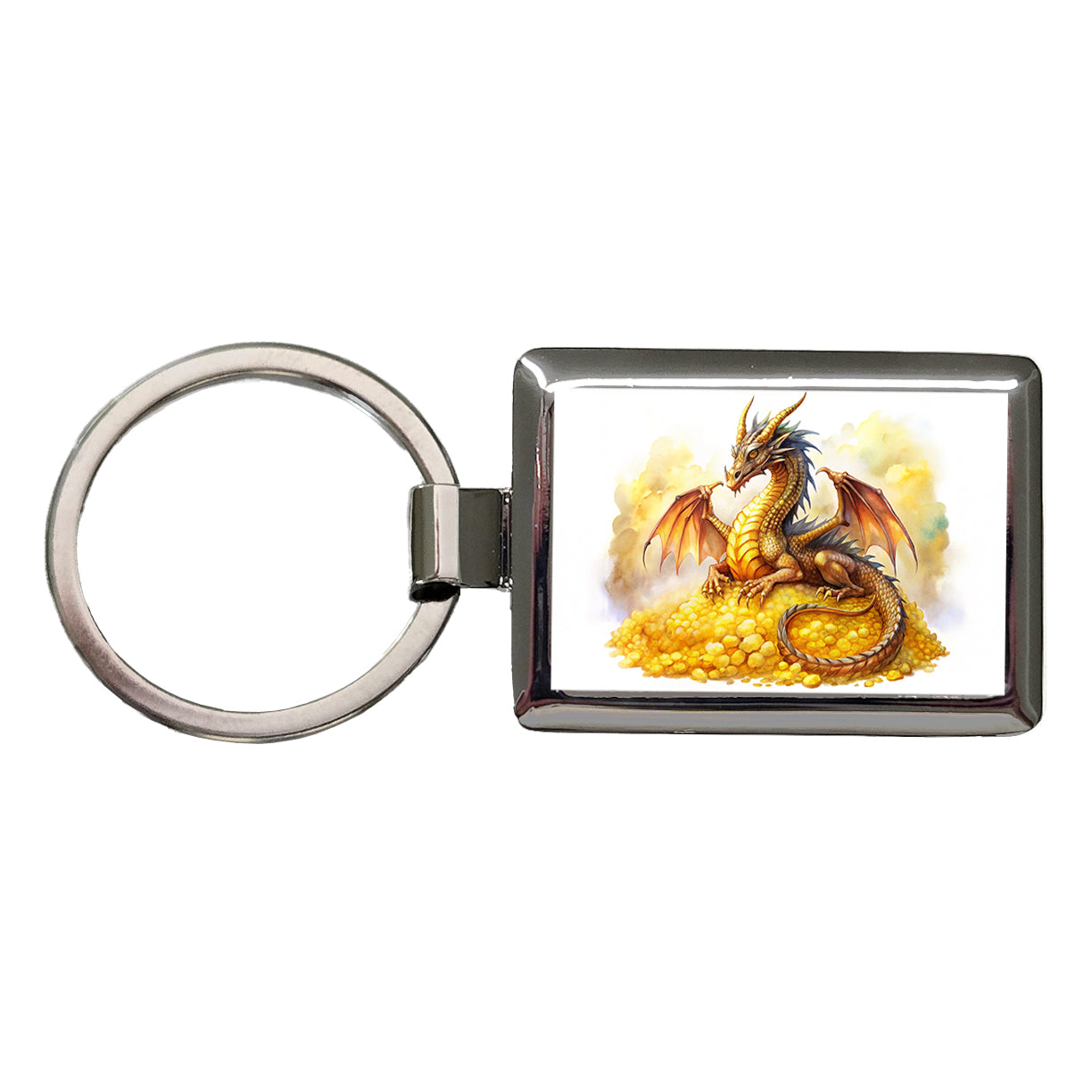 Fantasy Dragon Laying on Gold Watercolor Rectangle Metal Keychain