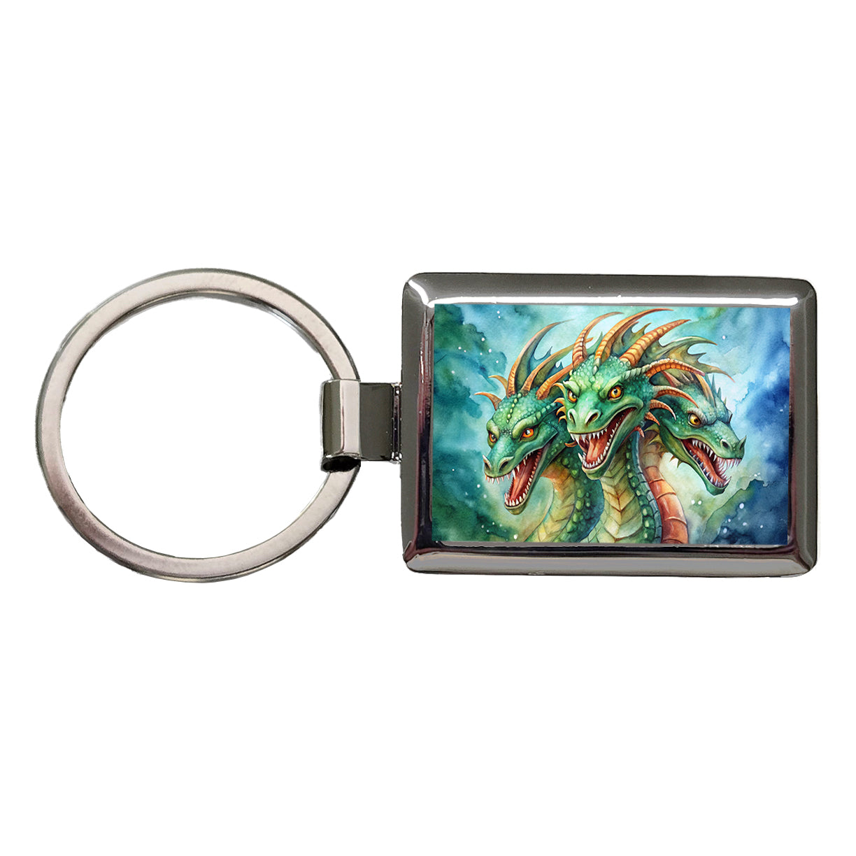 Fantasy Hydra Heads Mythical Monster Watercolor Rectangle Metal Keychain
